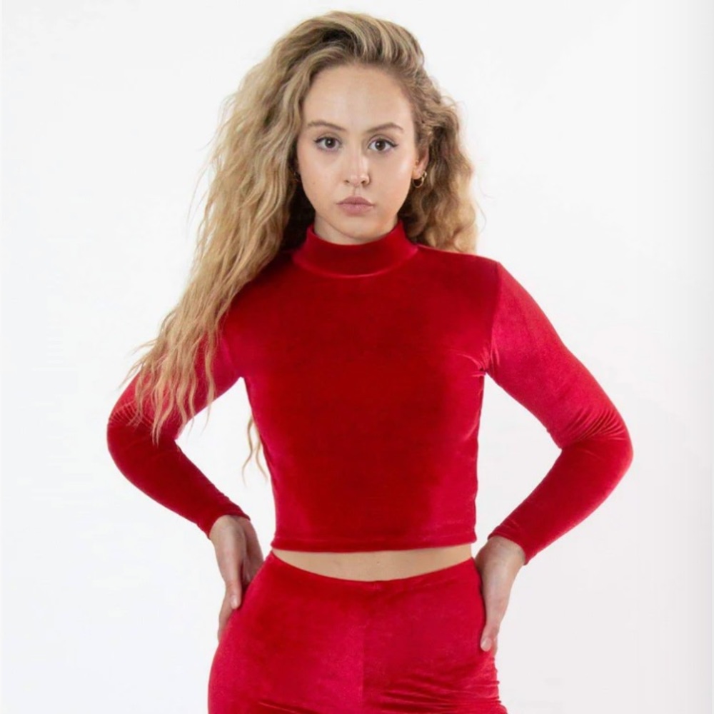 Velvet Mockneck Long Sleeve Top in Red Size Small